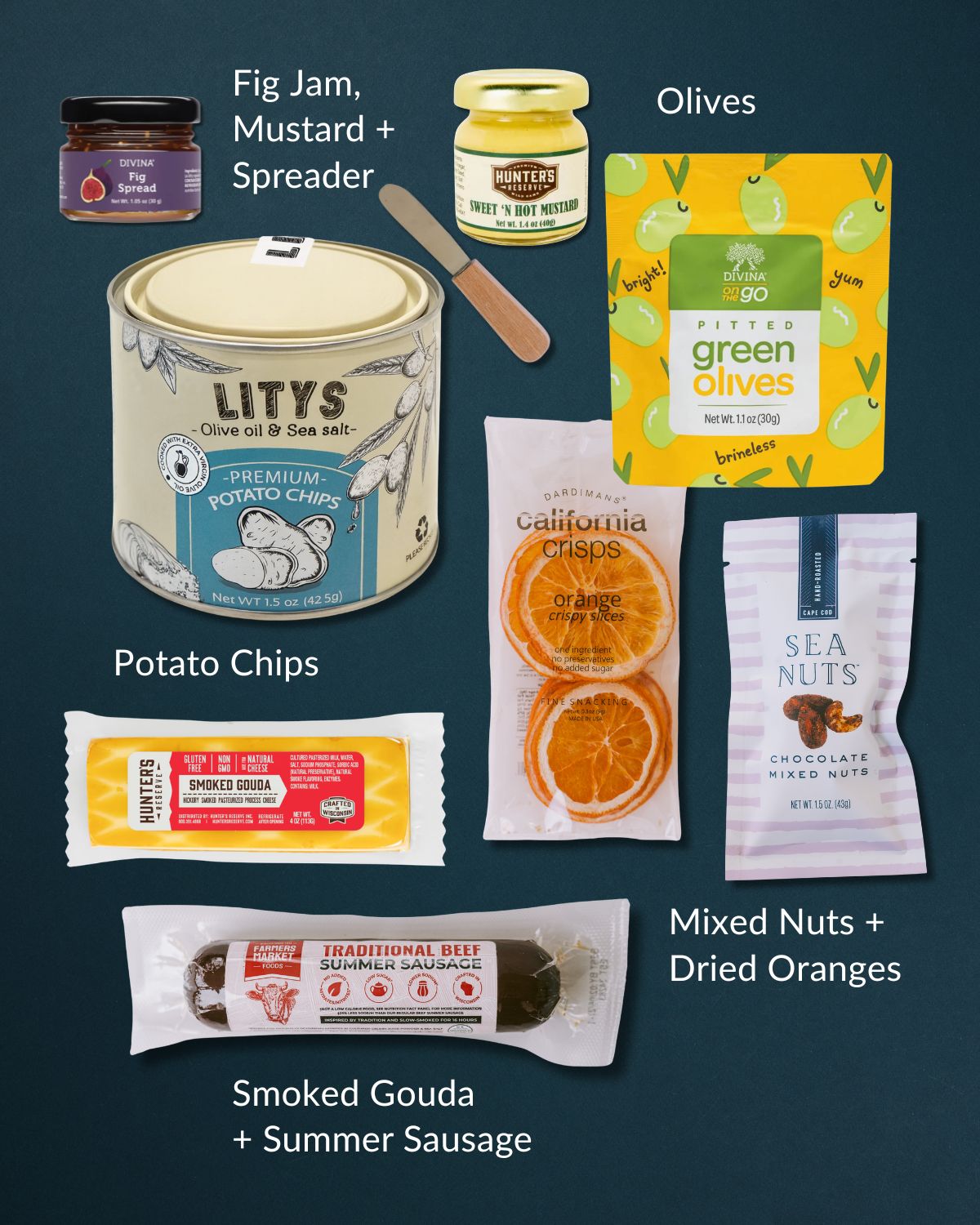 Charcuterie gift set with potato chips, summer sausage, smoked gouda, olives, fig spread, mustard, nuts, and a spreader.