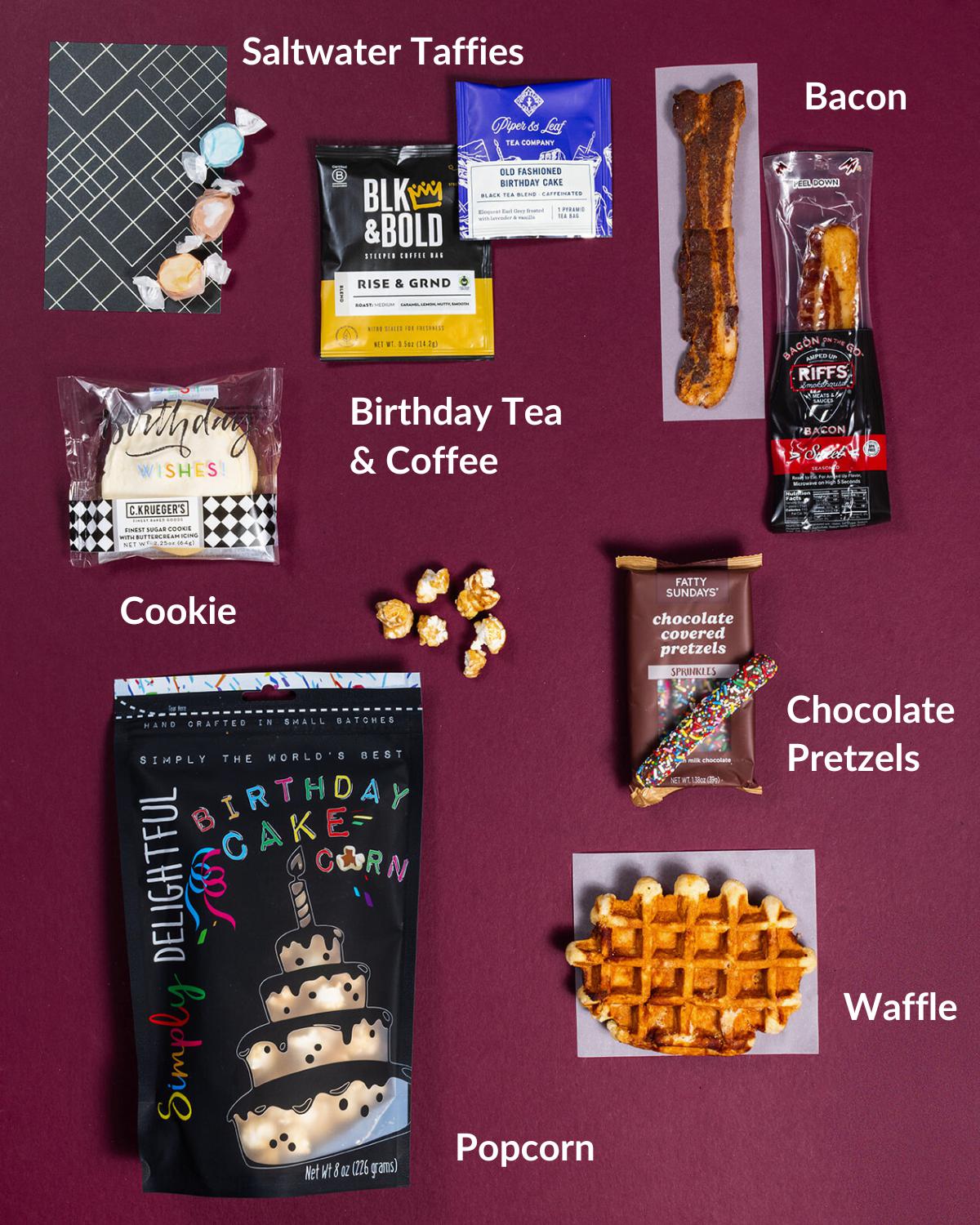 Birthday treats gift set featuring birthday cake popcorn, cookies, Belgian waffle, coffee, tea, candied bacon, and pretzels.