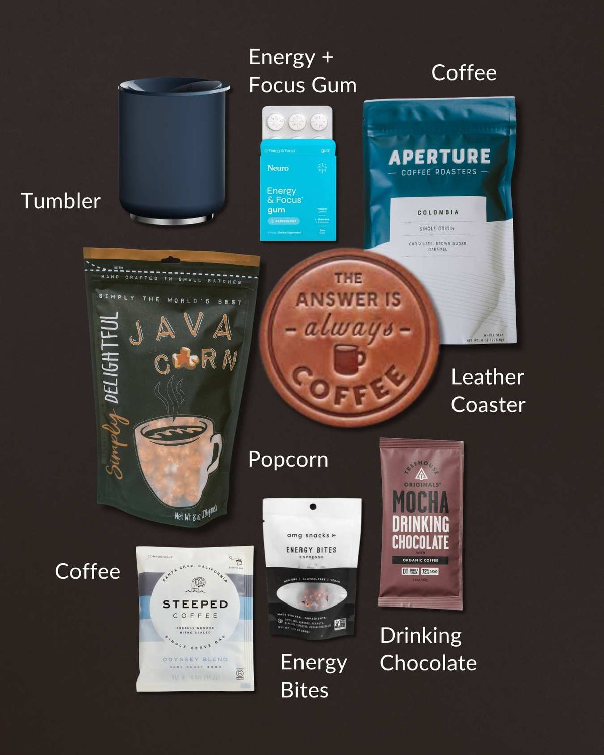 Coffee gift set with a grey tumbler, Aperture coffee, Java popcorn, mocha drinking chocolate, energy bites, and leather coaster.