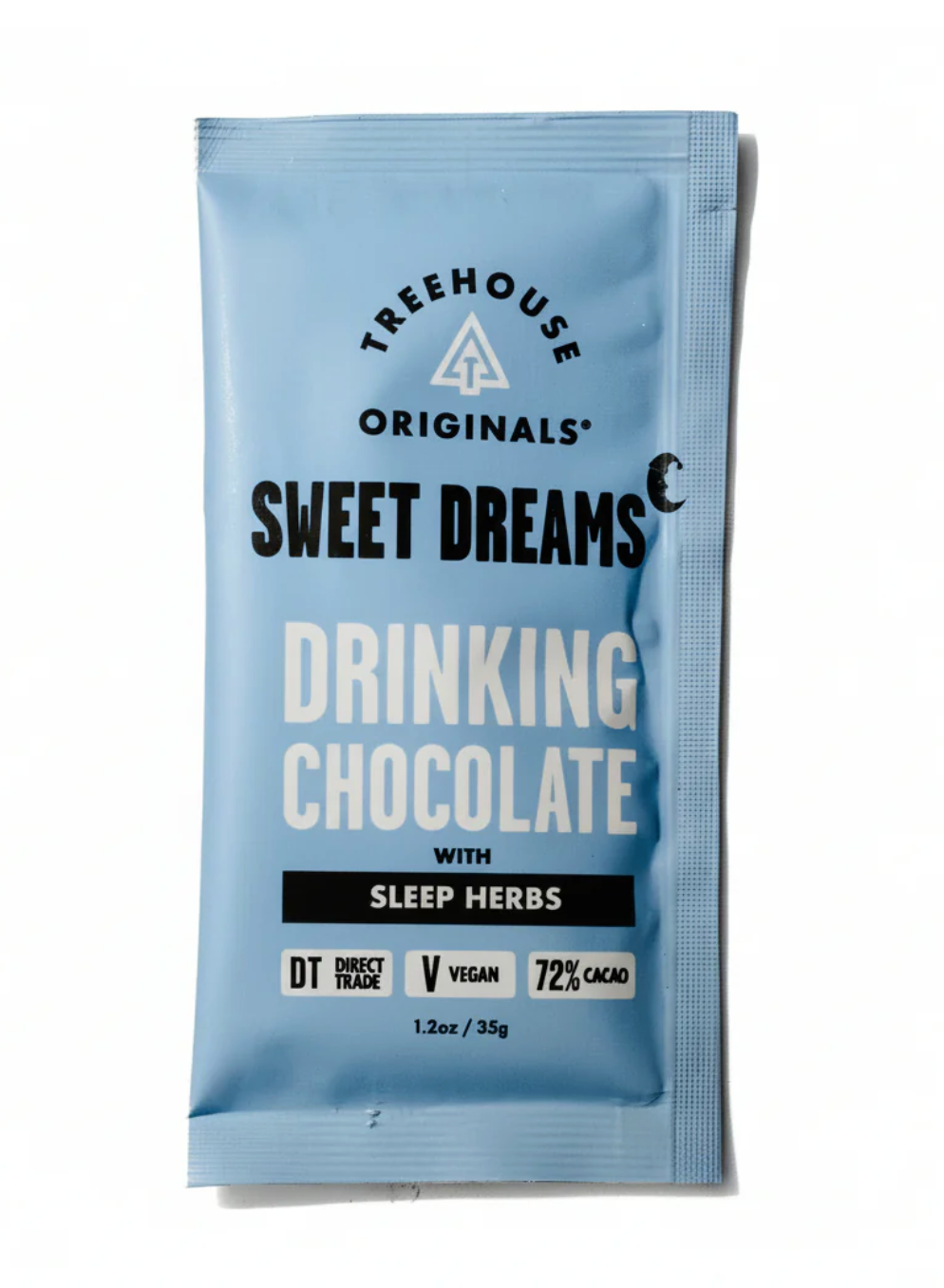 Light blue packet of Treehouse Originals Sweet Dreams drinking chocolate with sleep herbs, 1.2oz, 72% cacao, vegan.