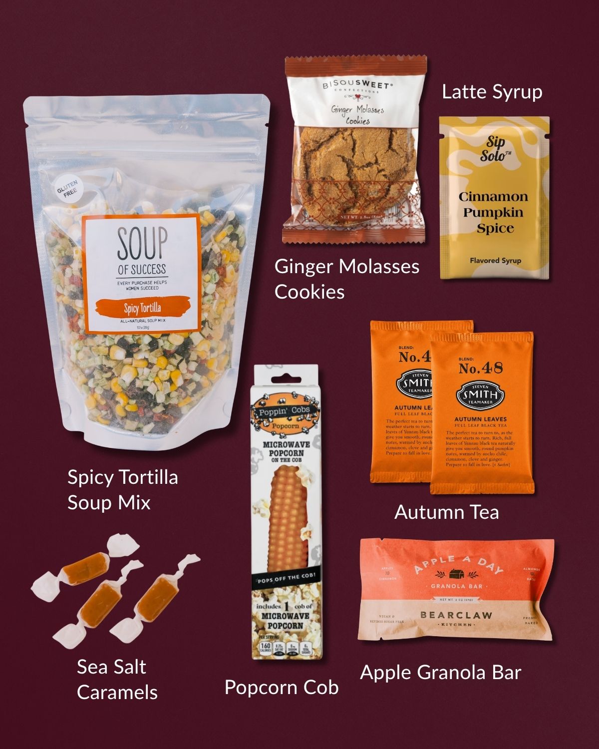 Fall Soup Days gift set featuring spicy tortilla soup mix, ginger cookies, pumpkin spice syrup, tea, popcorn, caramels, and granola.
