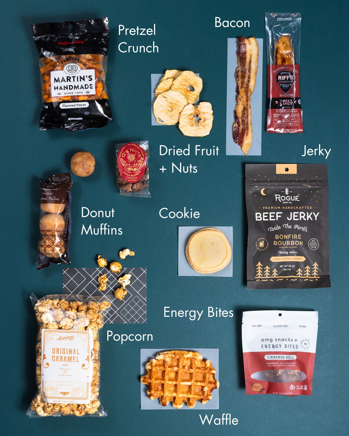 Assorted savory and sweet snacks including candied bacon, beef jerky, caramel popcorn, donuts, cookies, and waffles on teal.
