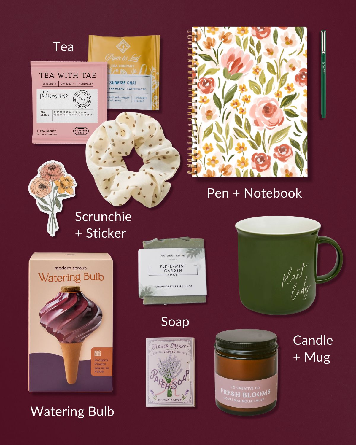 Gardener gift set featuring a floral notebook, tea, peppermint soap, watering bulb, candle, and green Plant Lady mug.