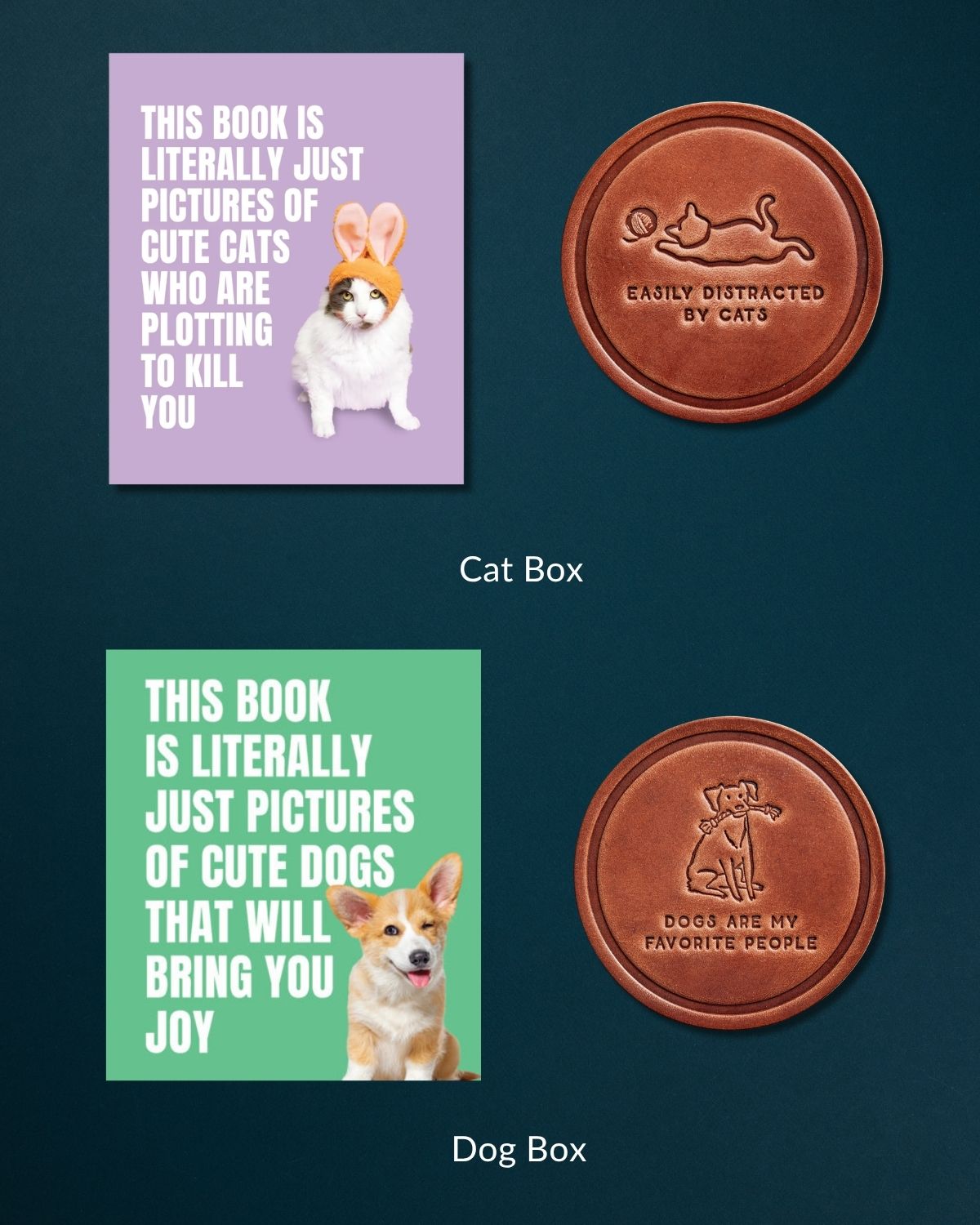 Gift sets for pet lovers featuring funny books and embossed brown leather coasters for cat and dog owners.