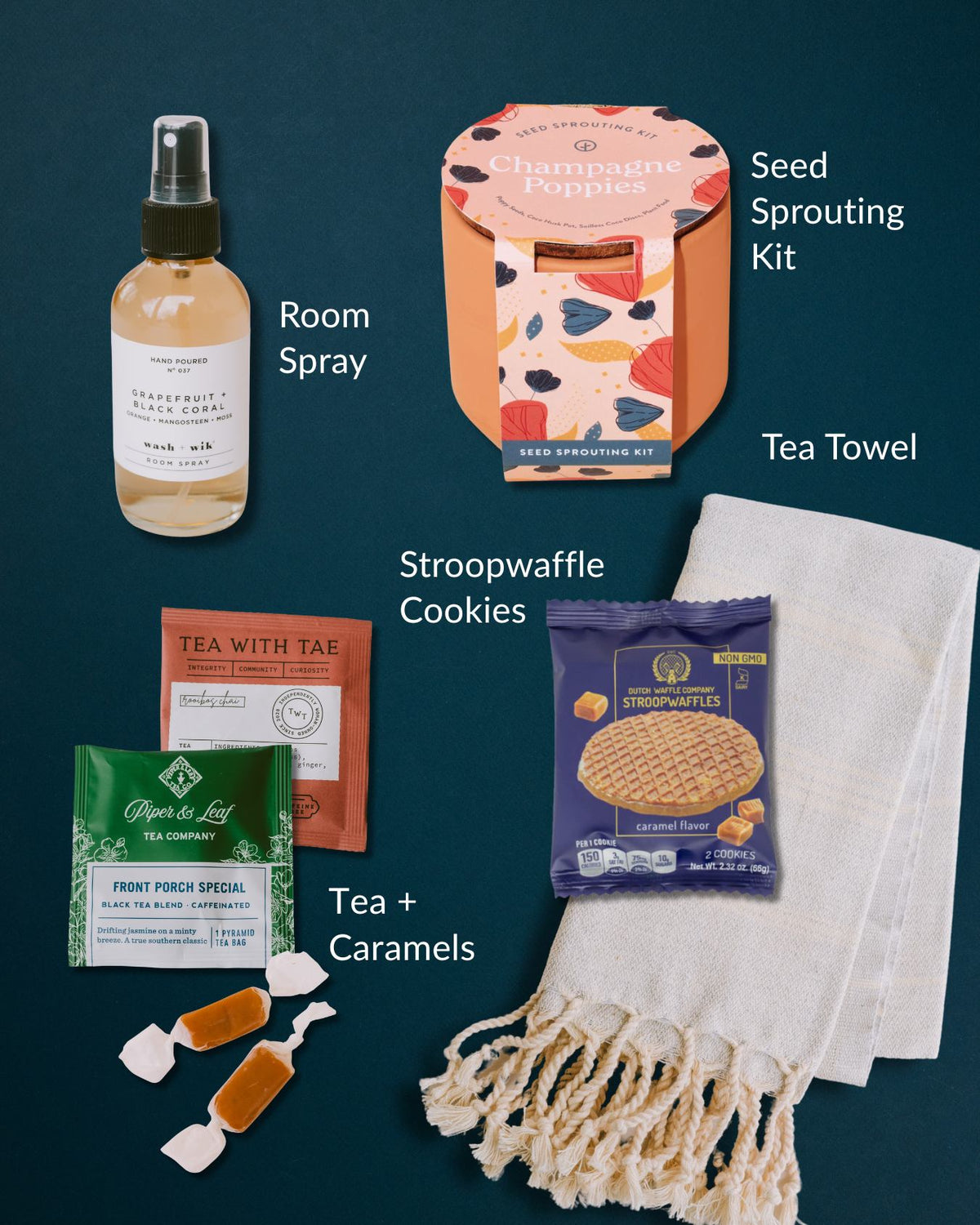 Front Porch Special gift set with terracotta seed kit, room spray, tea, stroopwaffle cookies, and a fringed Turkish towel.