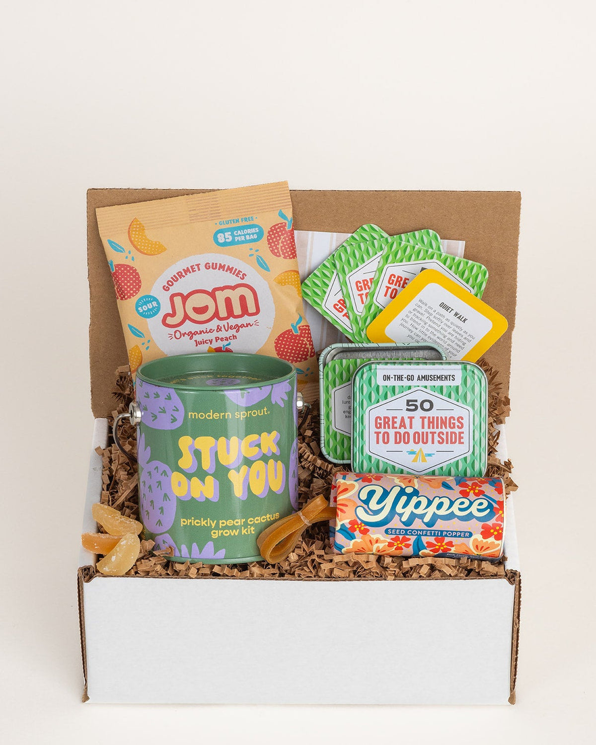 Get Outside gift box featuring a cactus grow kit, activity cards, seed confetti popper, and organic peach gummies.