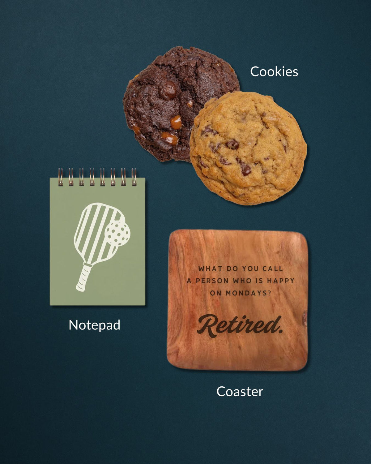 Happy Retirement gift set with two cookies, a sage green pickleball notepad, and a square engraved olive wood coaster.