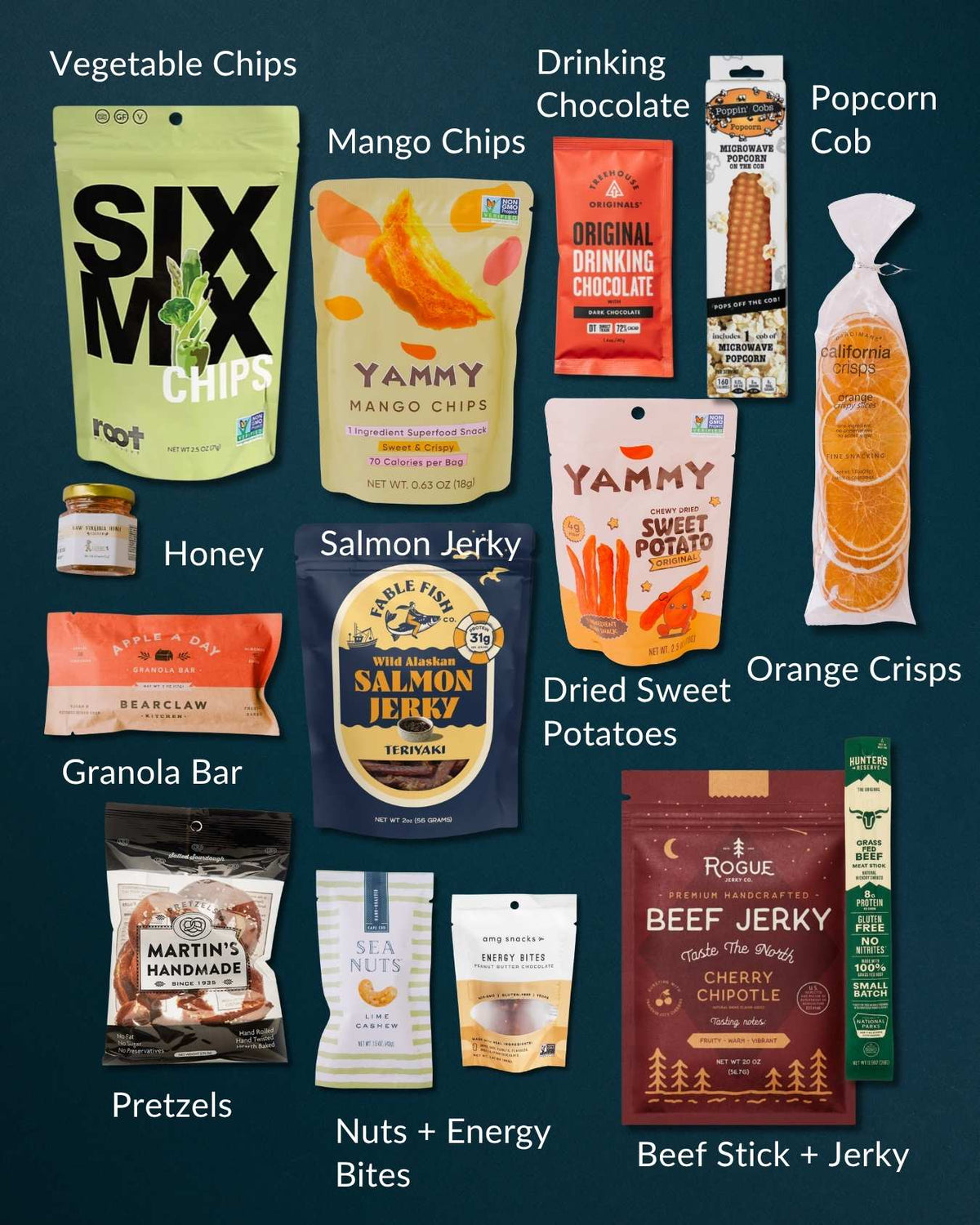 Assorted healthy snack gift set featuring colorful pouches of jerky, dried fruit, nuts, popcorn, and chocolate on a white background.