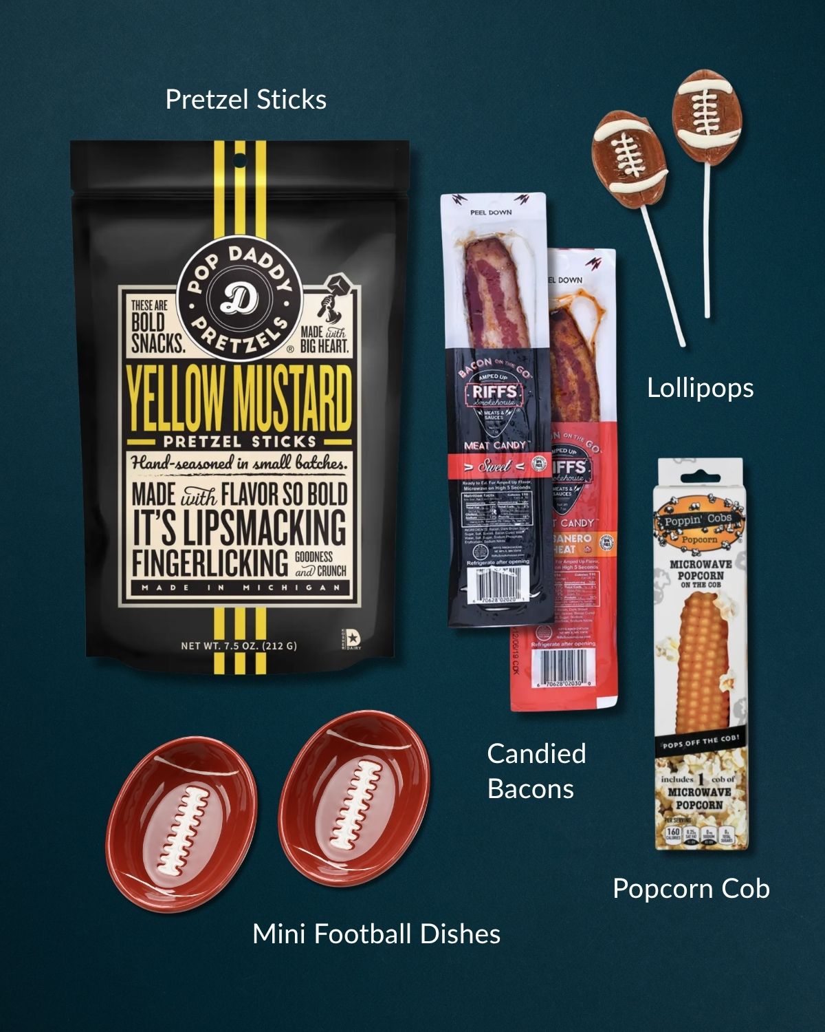 Football-themed snack gift set featuring yellow mustard pretzels, candied bacon, microwave popcorn on the cob, and mini football dishes.