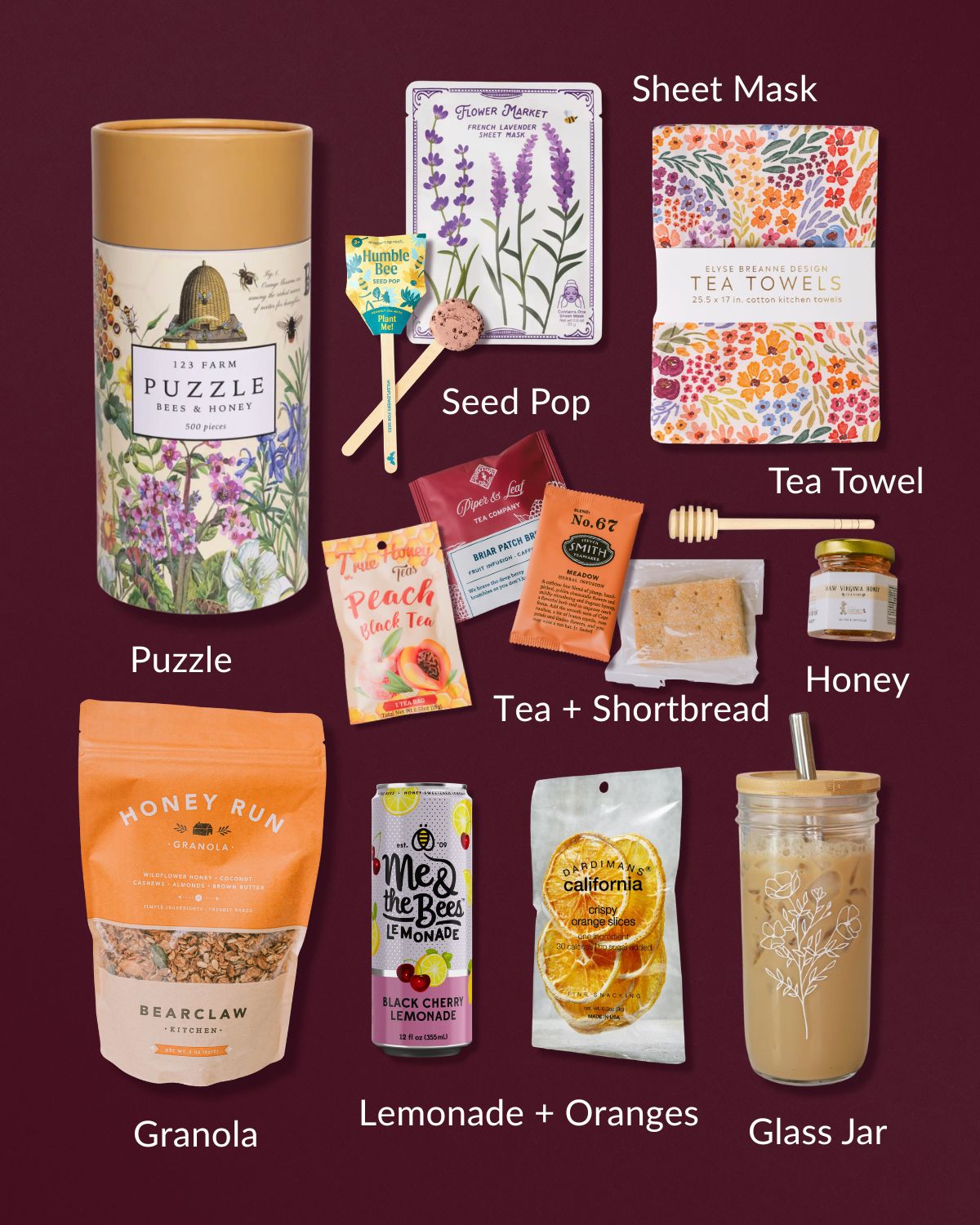 Just Add Sunshine gift set featuring a honey puzzle, floral tea towel, citrus crisps, lemonade, granola, tea, and a glass tumbler.