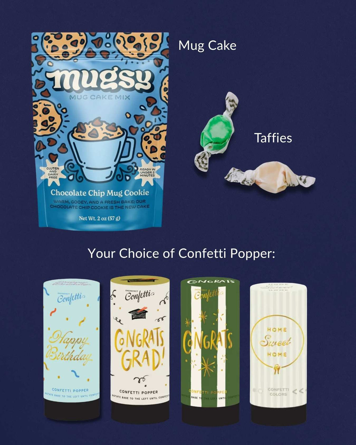 Mini Celebration gift set with Mugsy chocolate chip mug cake mix, two saltwater taffies, and four festive confetti poppers.