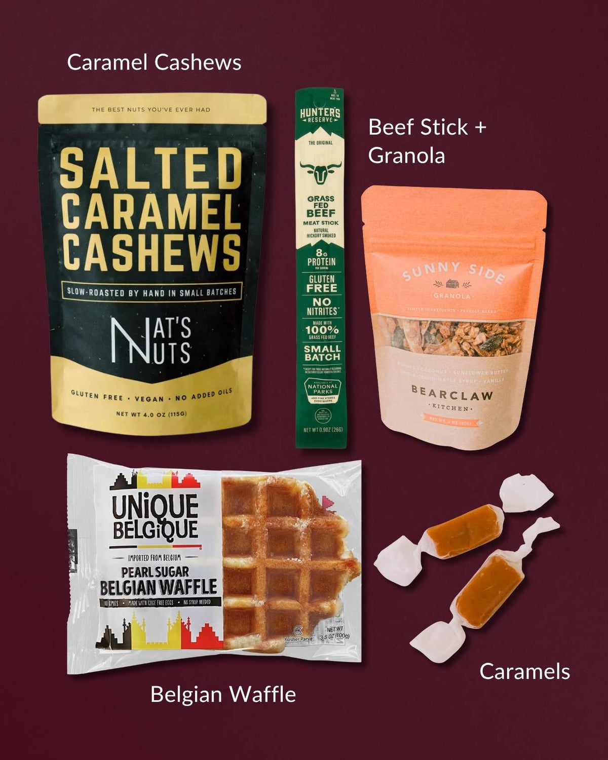 Mini Foodie gourmet snack box featuring salted caramel cashews, a beef stick, granola, a Belgian waffle, and sea salt caramels.