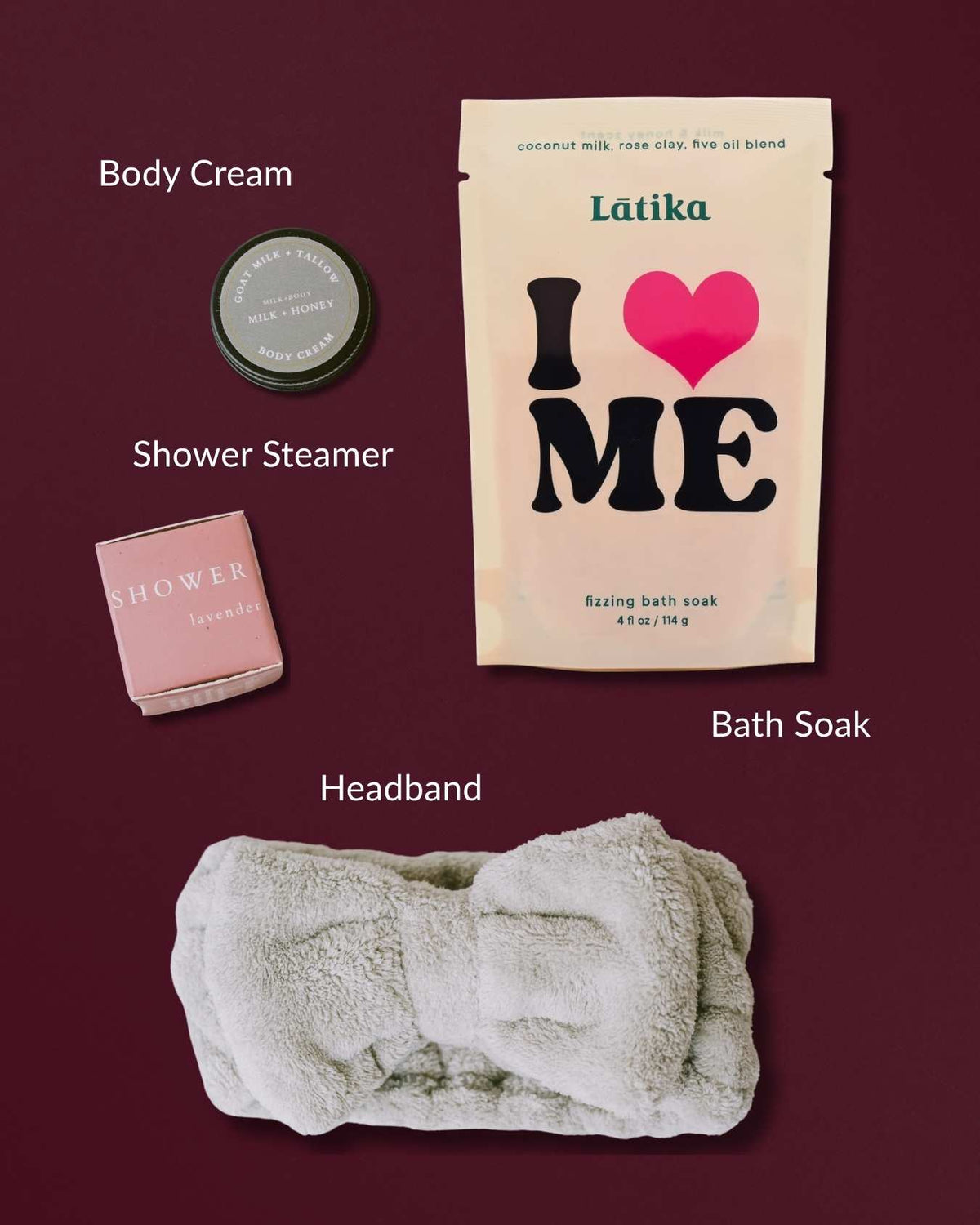 Pamper Yourself spa set with a plush grey headband, lavender shower steamer, tallow body cream, and I Love Me fizzing bath soak.