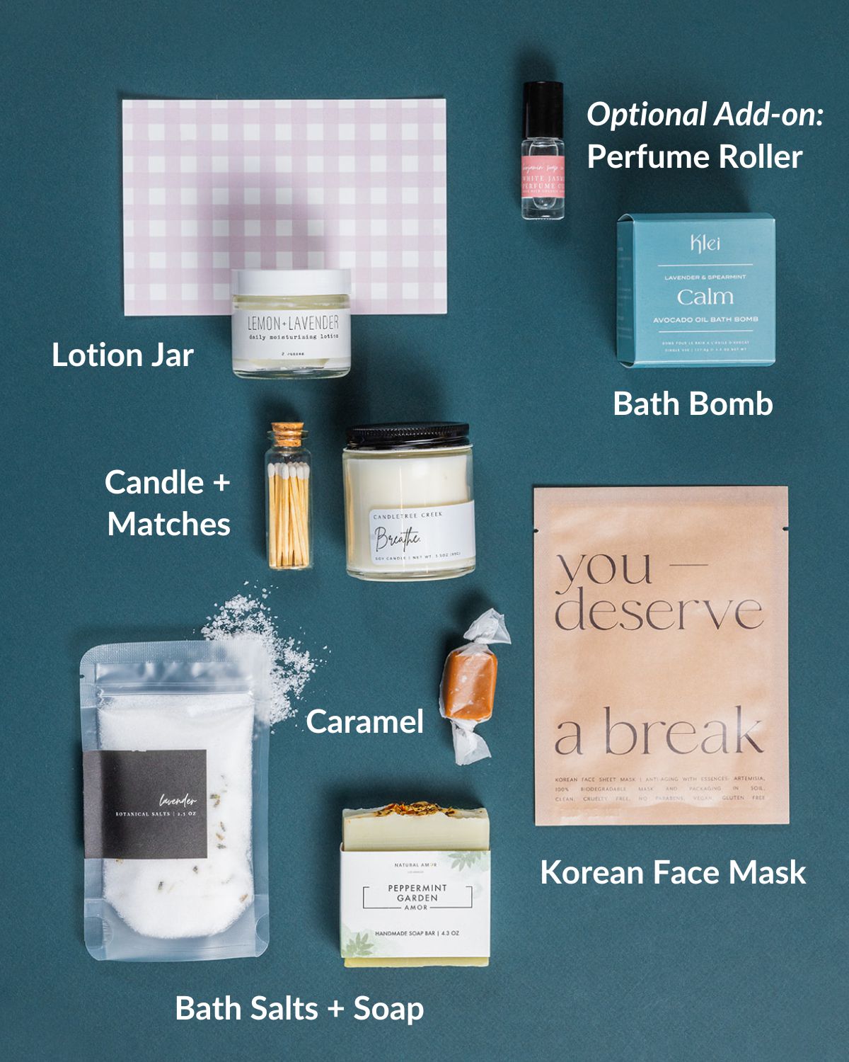 Rest & Relaxation gift set featuring lavender bath salts, peppermint soap, a soy candle, face mask, lotion, and caramel on teal.