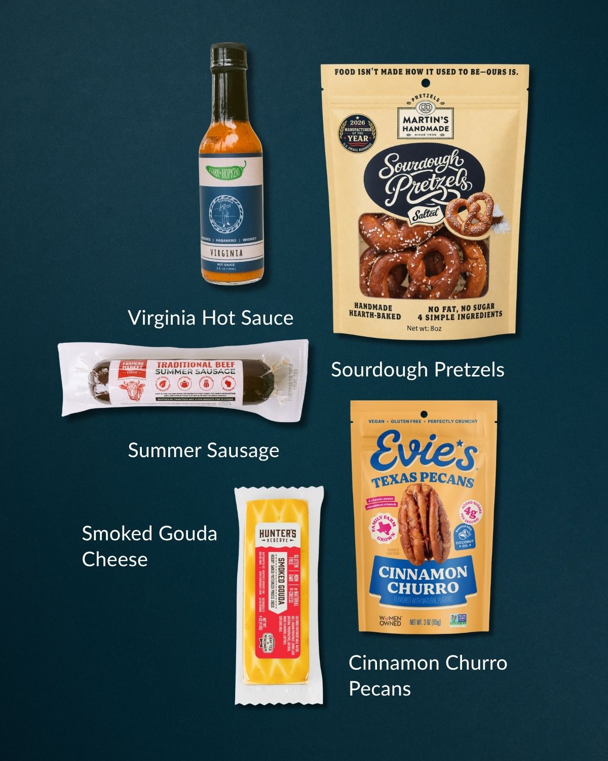 Savory gift set featuring hot sauce, sourdough pretzels, summer sausage, smoked gouda cheese, and cinnamon churro pecans.
