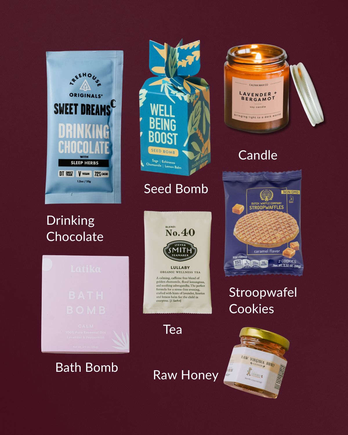 Self-care gift set with drinking chocolate, seed bomb, lavender candle, herbal tea, stroopwafel cookies, bath bomb, and raw honey.
