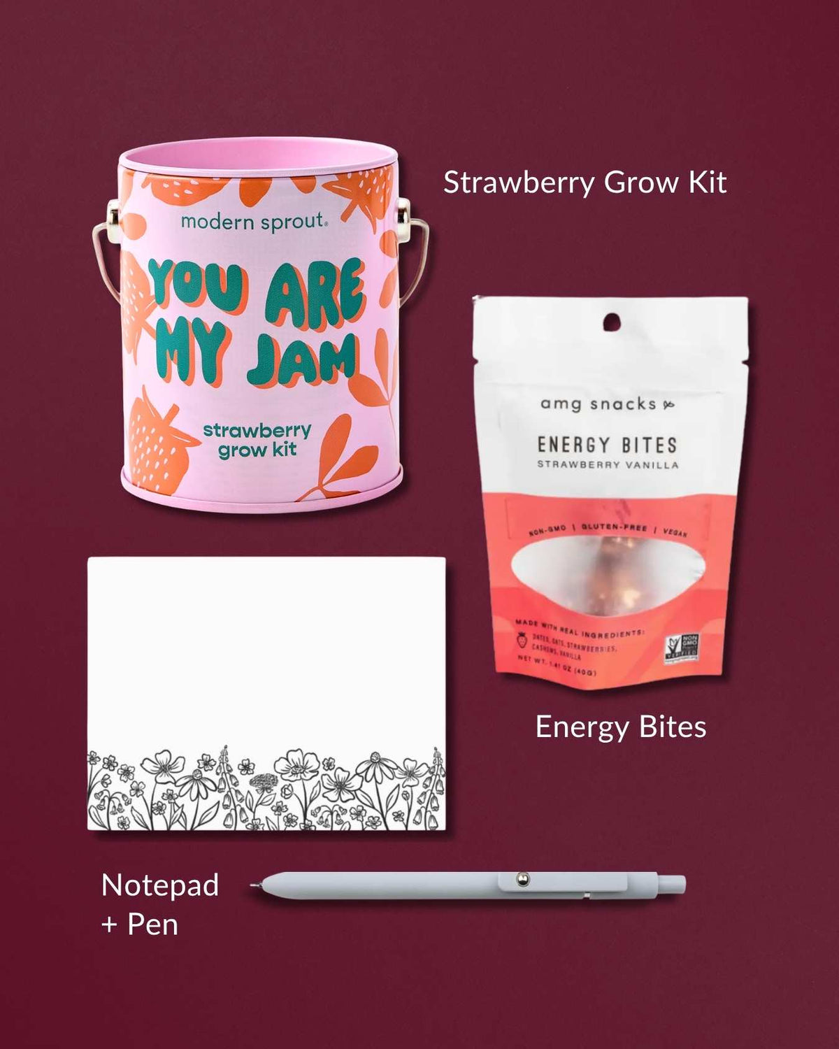 Strawberry Days gift set with a pink strawberry grow kit, strawberry vanilla energy bites, floral notepad, and a pen.