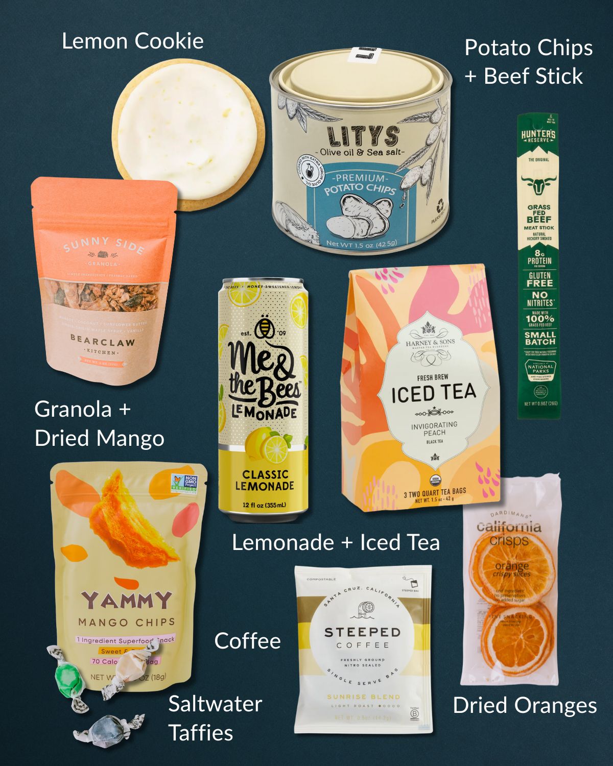 Summer snack gift set featuring lemonade, iced tea, coffee, potato chips, granola, mango chips, beef stick, and citrus crisps.