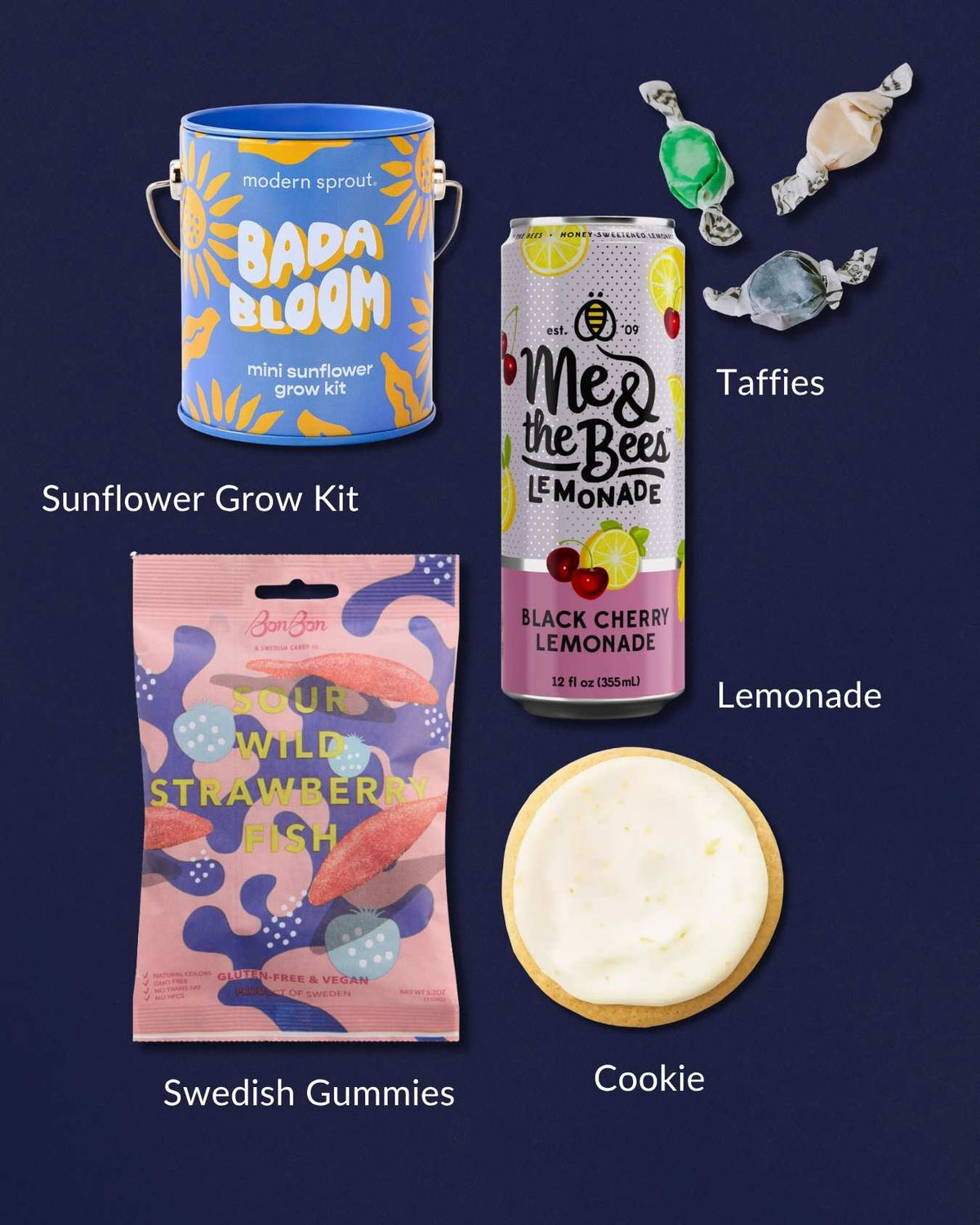 Summer & Sunshine gift set with a sunflower grow kit, black cherry lemonade, Swedish sour gummies, a lemon cookie, and taffies.