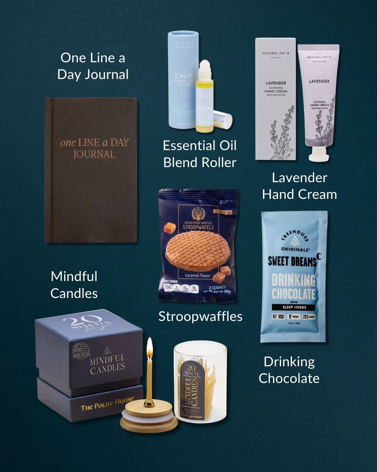 Cozy Homebody gift set with a journal, lavender hand cream, essential oil, stroopwafels, drinking chocolate, and mindful candles.