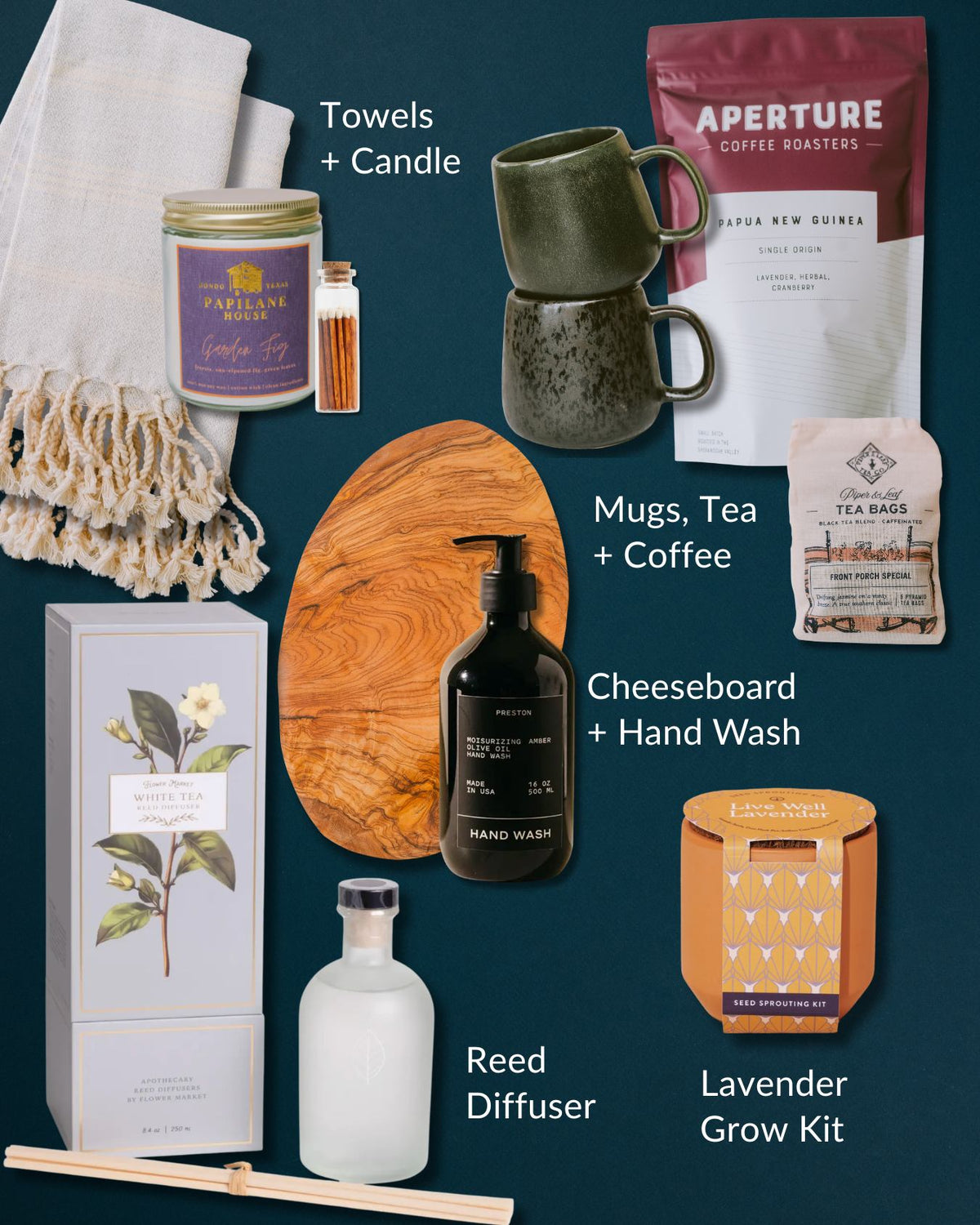 Curated home gift set featuring an olive wood board, ceramic mugs, Turkish towel, coffee, tea, candle, hand wash, and lavender kit.