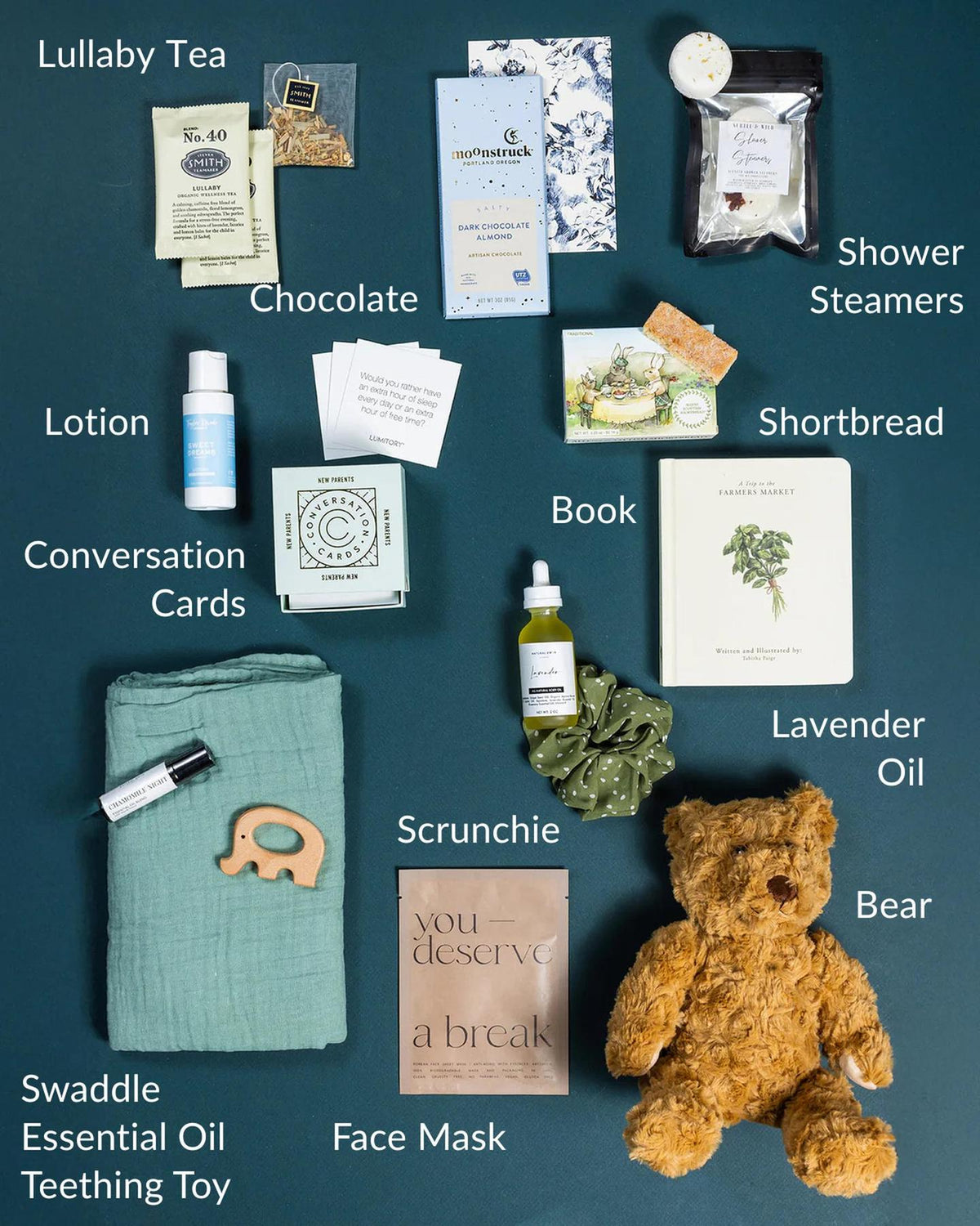 Welcome, Little One gift box featuring a plush brown teddy bear, sage green swaddle, wooden teething toy, book, and self-care items.
