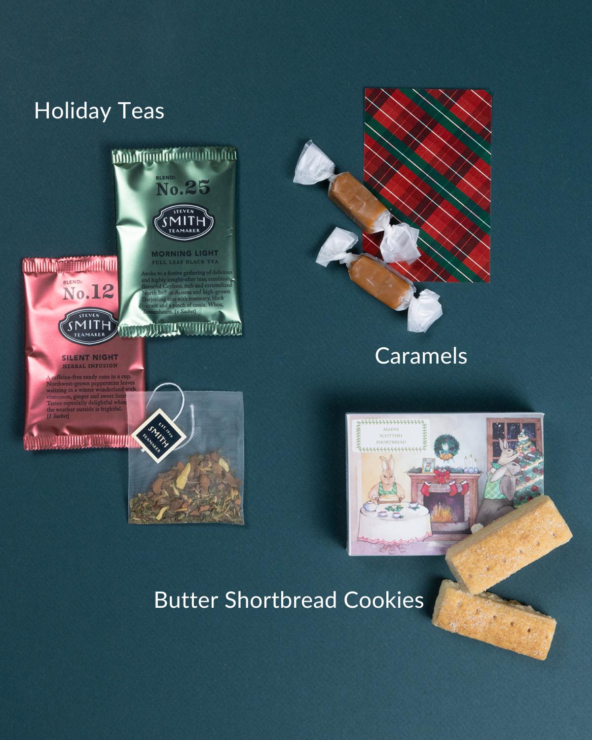 Christmas gift set with two Smith tea sachets, wrapped caramels, butter shortbread cookies, and a festive plaid note card.