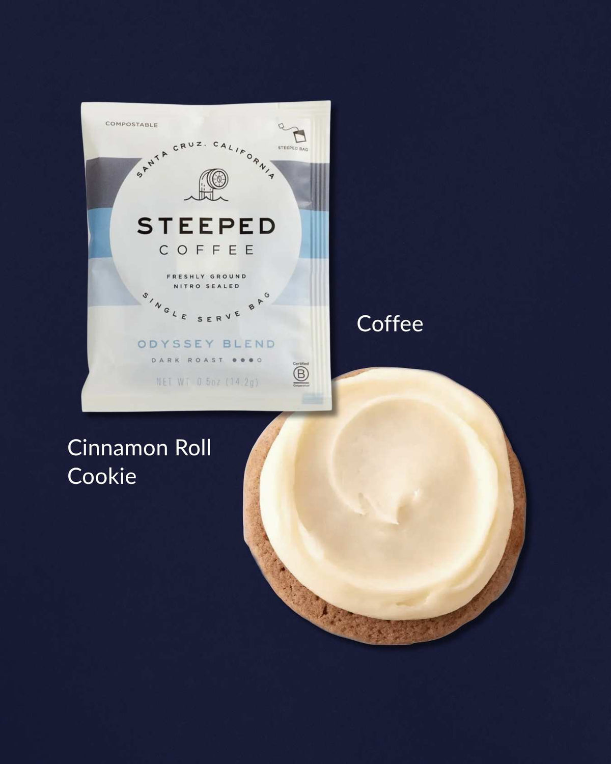 A frosted cinnamon roll cookie next to a white Steeped Coffee single-serve bag on a dark blue background.