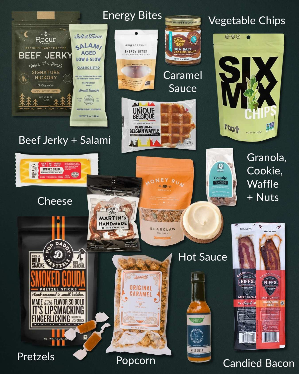 Deluxe Foodie gift box featuring an assortment of gourmet snacks, beef jerky, pretzels, caramel sauce, and hot sauce on a dark background.