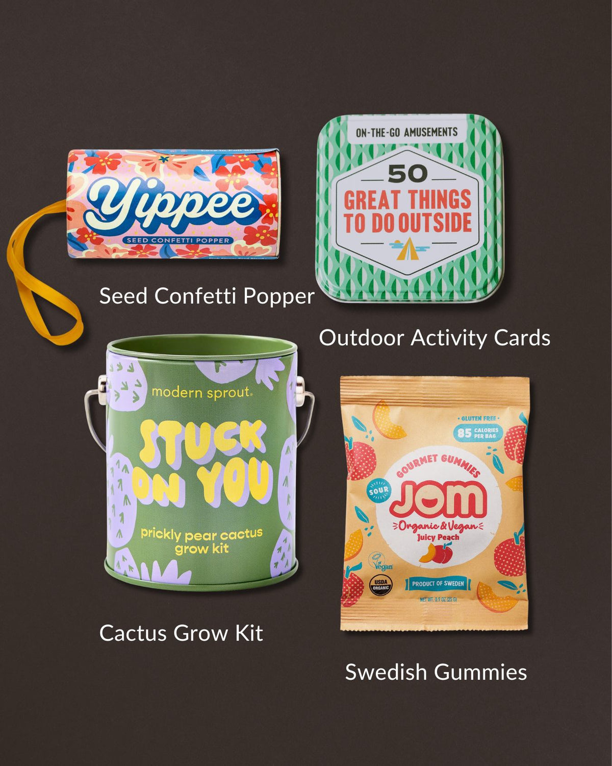 Get Outside gift set featuring a cactus grow kit, seed confetti popper, outdoor activity cards, and organic Swedish gummies.