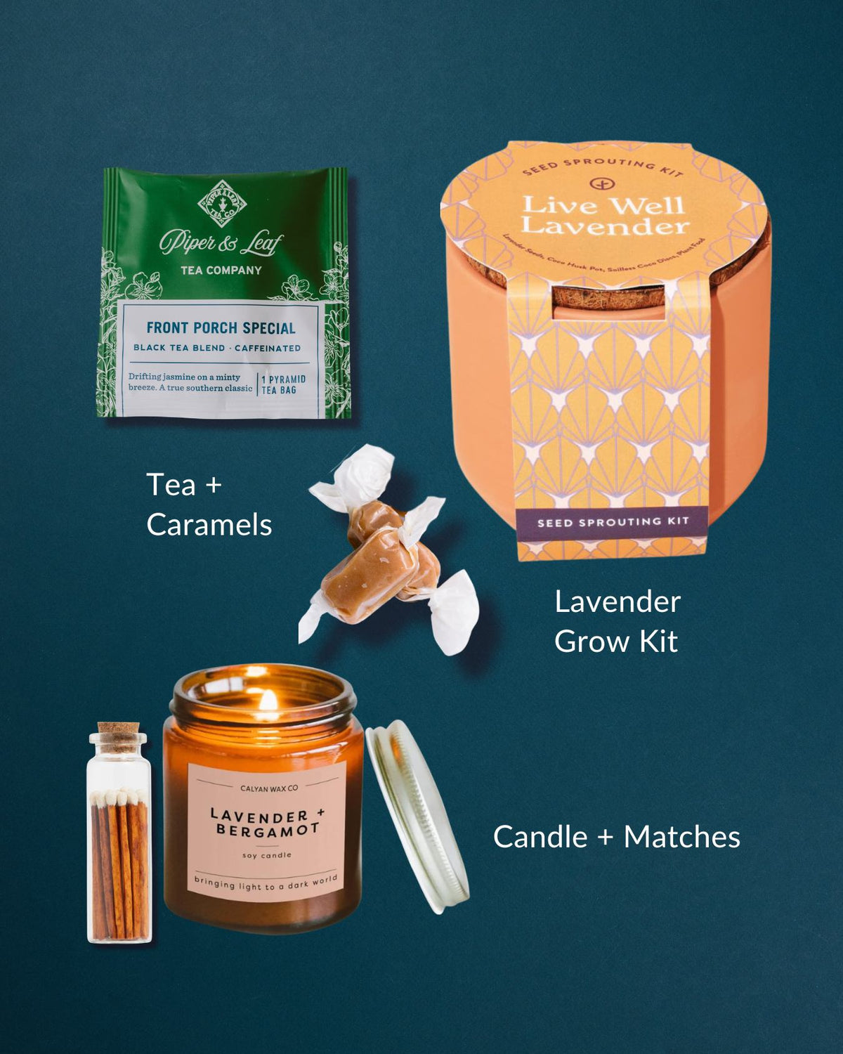Live Well Lavender gift set with a seed sprouting kit, tea, caramels, and a lavender bergamot soy candle with matches.