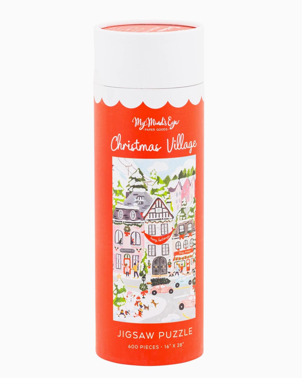 Nostalgic Christmas jigsaw puzzle featuring a colorful village scene, 600 pieces, 16" x 20".