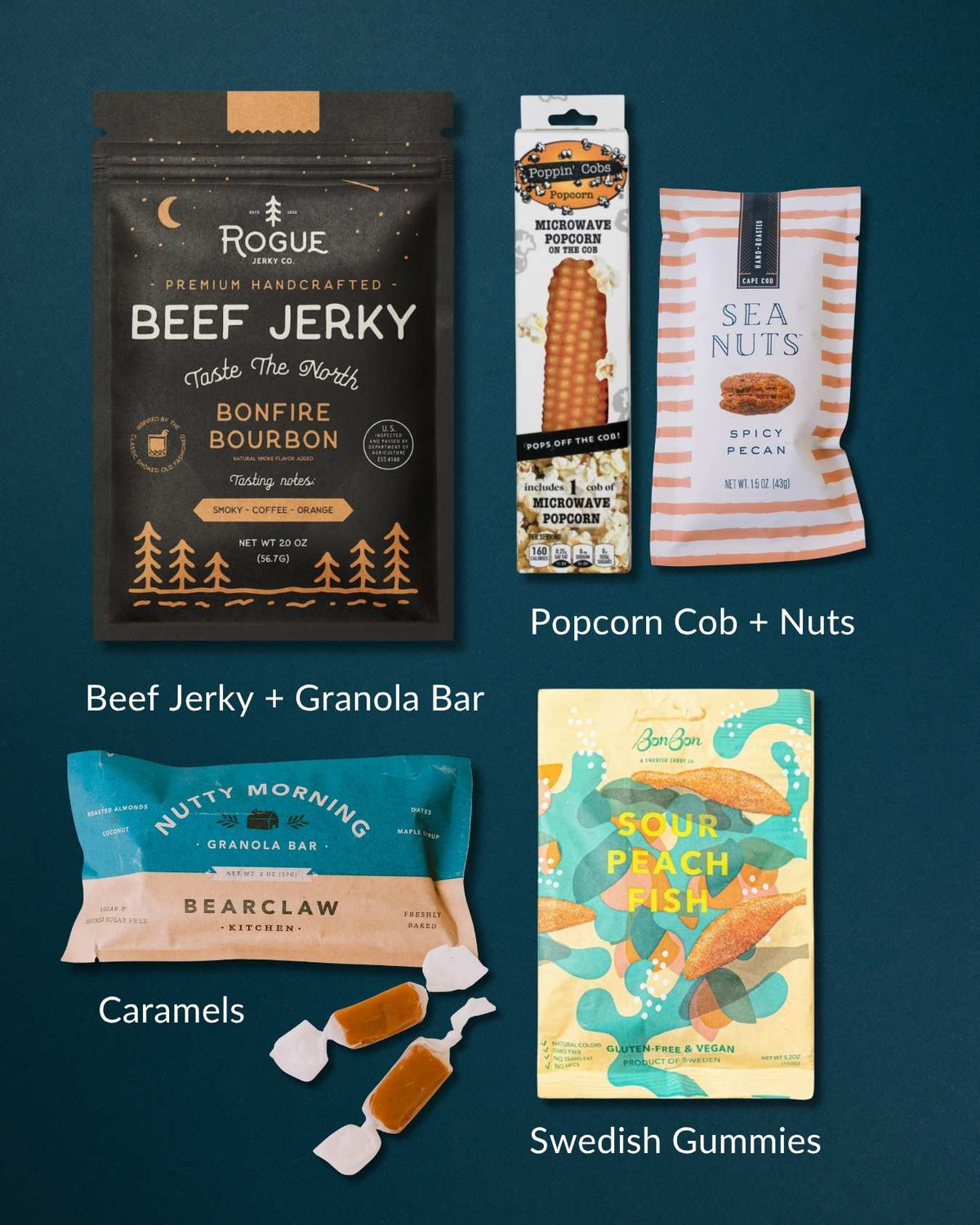 Assorted gourmet snacks including beef jerky, microwave popcorn, spicy pecans, a granola bar, Swedish gummies, and caramels.