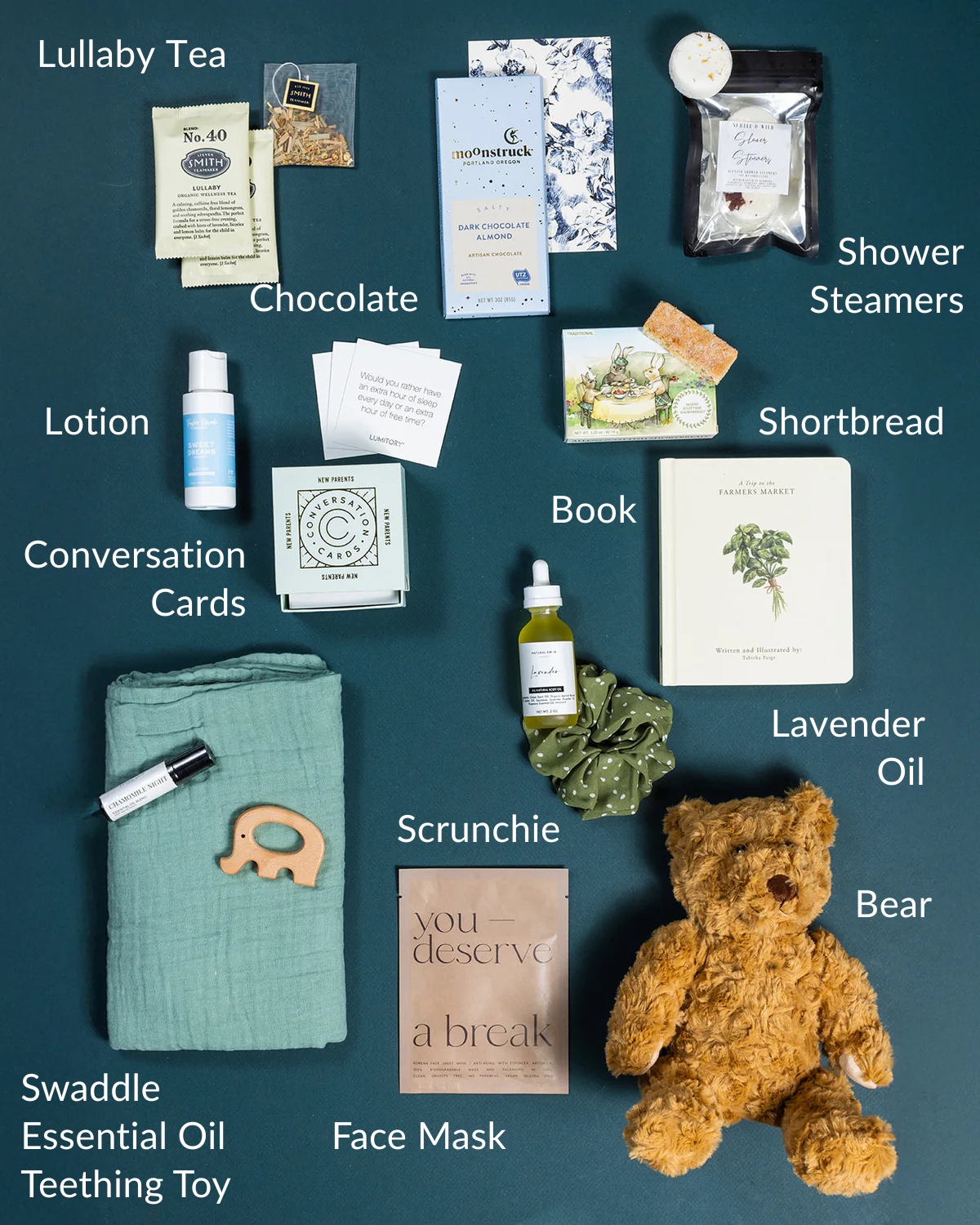 Welcome, Little One gift set with tea, chocolate, lotion, book, bear, and more for new parents.